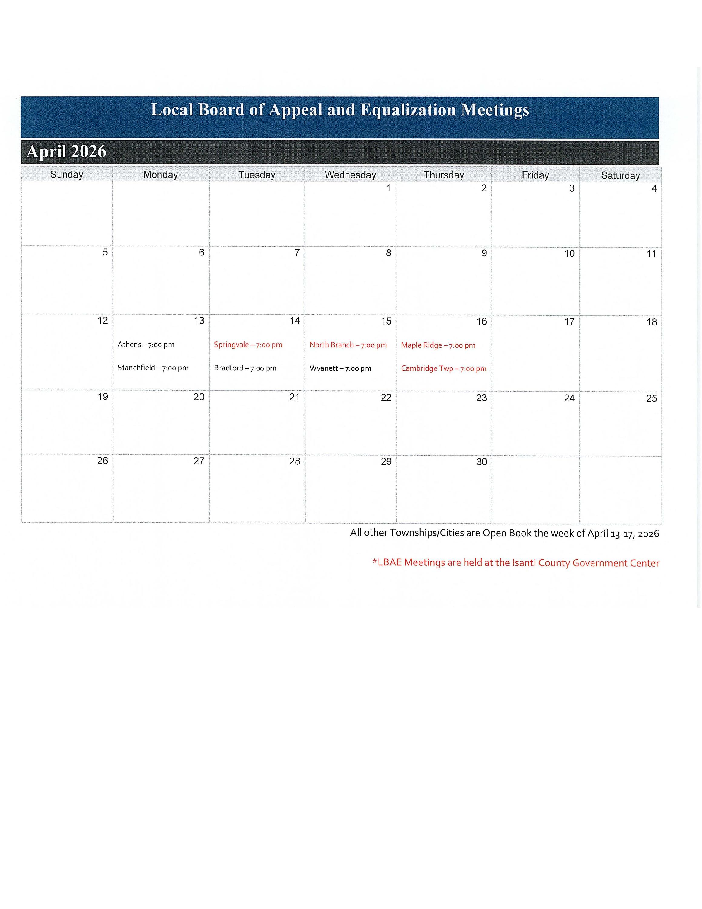 2026 Local Board of Equalization Meetings